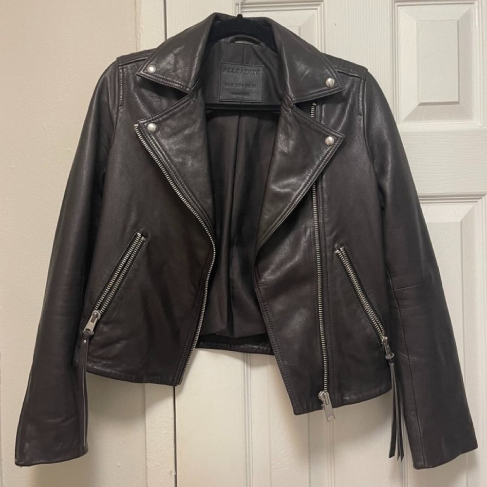 AllSaints Dalby Black / Brown Leather Biker Jacket Size 4